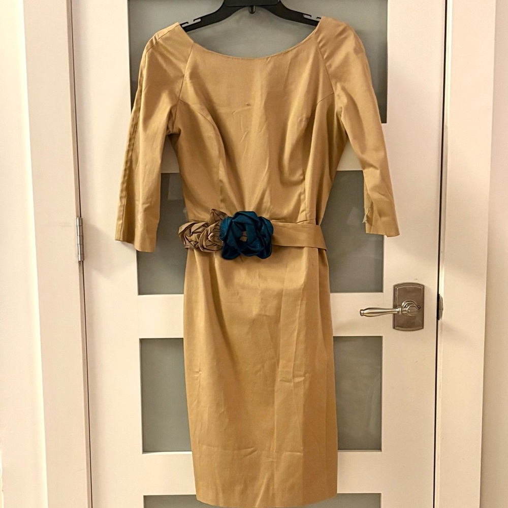 Gold Satin Midi Dress with Floral Accent Belt